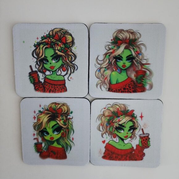 Grinch Diva 4x4 Inch Square Mat Rubber Fabric Coasters - Picture 1 of 5